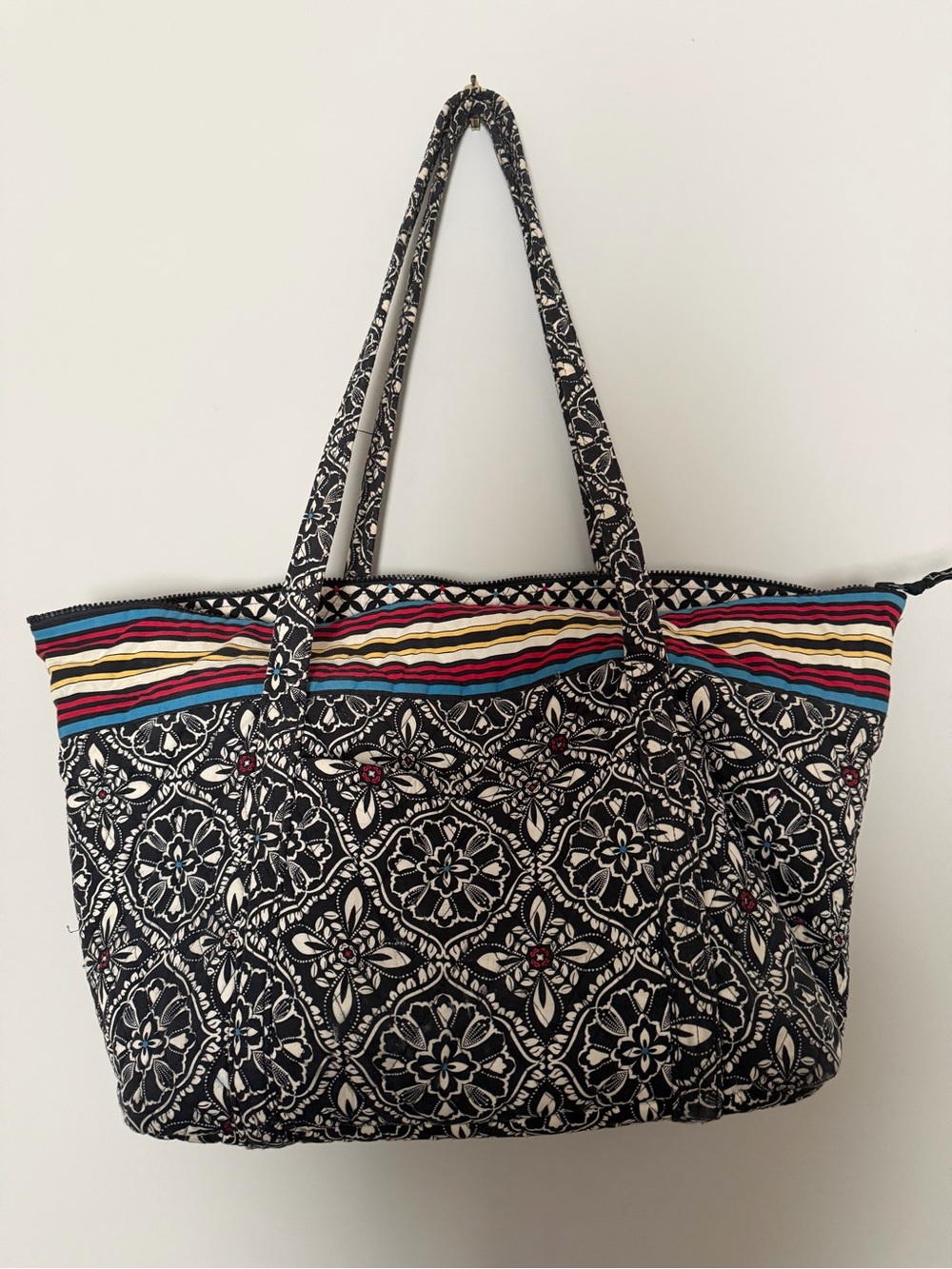 Vera Bradley Quilted Cotton Zip Top Tote Bag Black White Medallion Striped
